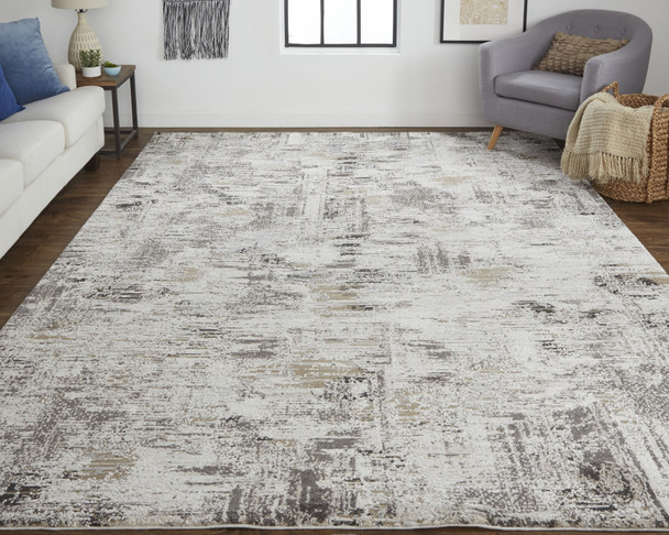 5' X 8' Ivory Gray And Brown Abstract Power Loom Distressed Stain Resistant Area Rug
