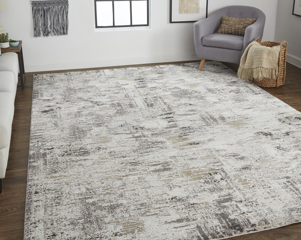 5' X 8' Ivory Gray And Brown Abstract Power Loom Distressed Stain Resistant Area Rug