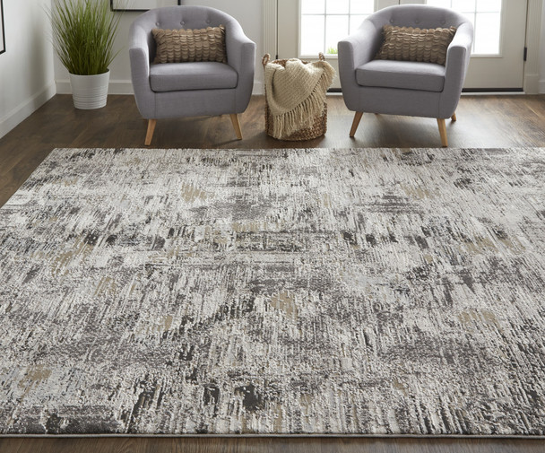 5' X 8' Ivory Gray And Brown Abstract Power Loom Distressed Stain Resistant Area Rug