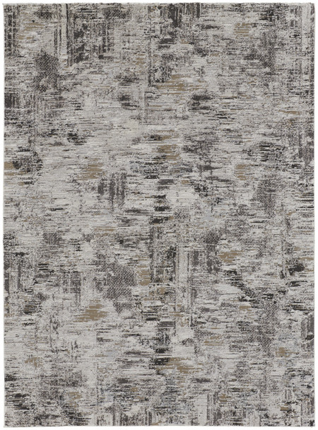 9' X 12' Ivory Gray And Brown Abstract Power Loom Distressed Stain Resistant Area Rug