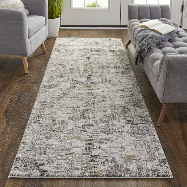 8' Ivory Gray And Brown Abstract Power Loom Distressed Stain Resistant Runner Rug
