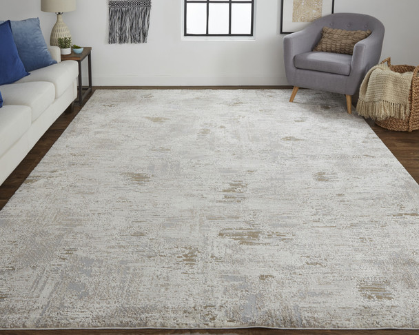 8' X 10' Ivory Gray And Tan Abstract Power Loom Distressed Stain Resistant Area Rug