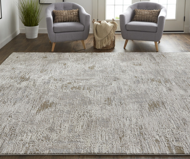 8' X 10' Ivory Gray And Tan Abstract Power Loom Distressed Stain Resistant Area Rug