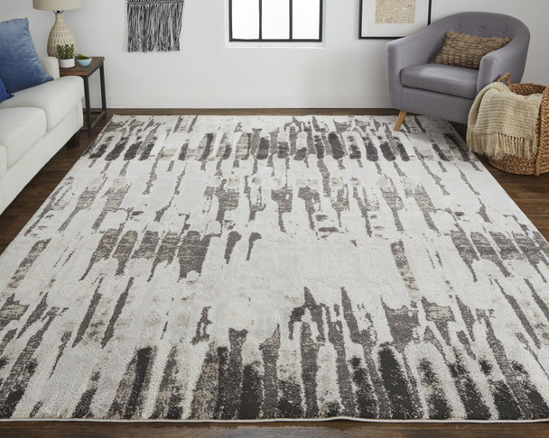 10' X 14' Ivory Brown And Gray Abstract Power Loom Stain Resistant Area Rug