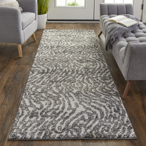 8' Gray Taupe And Ivory Abstract Power Loom Stain Resistant Runner Rug