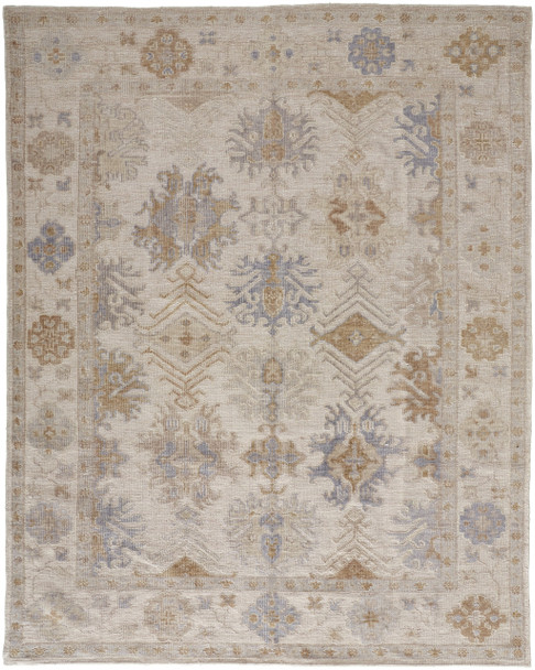 5' X 8' Ivory Tan And Blue Floral Hand Knotted Stain Resistant Area Rug