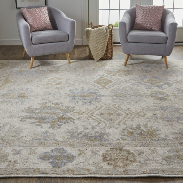 8' X 10' Ivory Tan And Blue Floral Hand Knotted Stain Resistant Area Rug