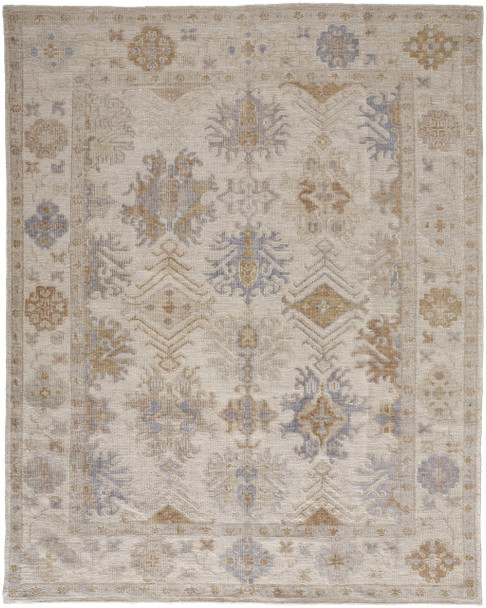 10' X 14' Ivory Tan And Blue Floral Hand Knotted Stain Resistant Area Rug