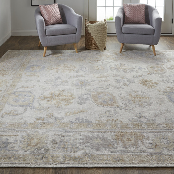 10' X 14' Ivory And Tan Floral Hand Knotted Stain Resistant Area Rug