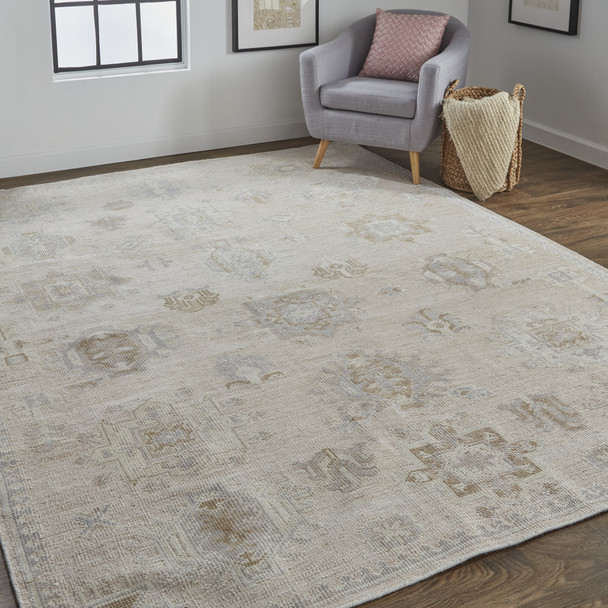 4' X 6' Tan And Brown Floral Hand Knotted Stain Resistant Area Rug