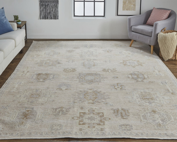 2' X 3' Tan And Brown Floral Hand Knotted Stain Resistant Area Rug