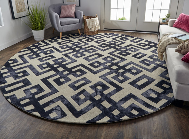 10' Ivory And Black Round Wool Tufted Handmade Stain Resistant Area Rug