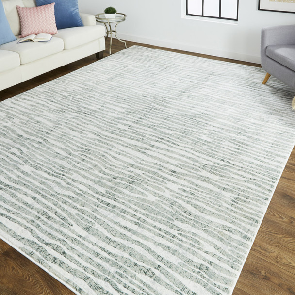 10' X 13' Gray Green And Ivory Striped Distressed Stain Resistant Area Rug