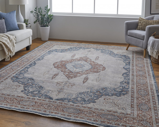 4' X 6' Gray Red And Blue Floral Power Loom Stain Resistant Area Rug