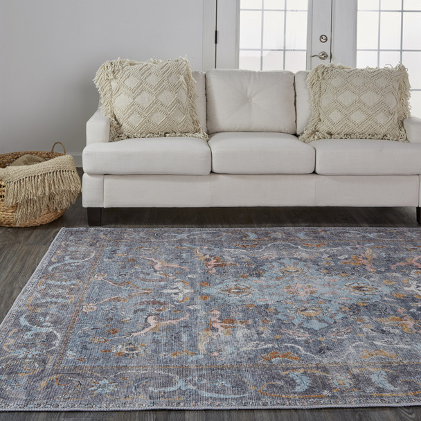 8' X 10' Blue Gray And Orange Floral Area Rug