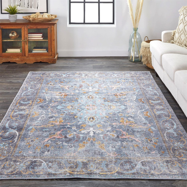 9' X 12' Blue Gray And Orange Floral Area Rug