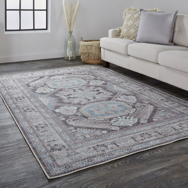 9' X 12' Gray Taupe And Blue Floral Area Rug