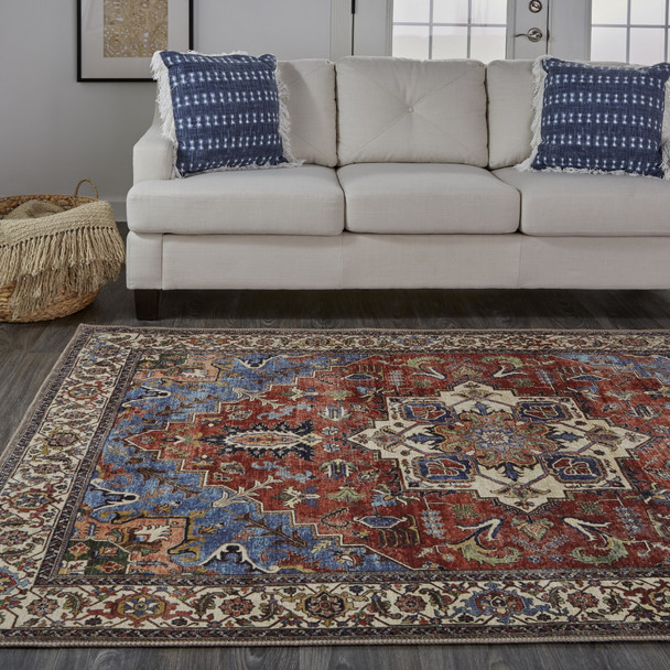 5' X 8' Blue Red And Ivory Floral Area Rug