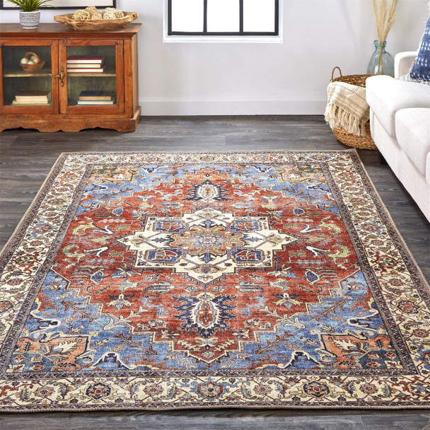 8' X 10' Blue Red And Ivory Floral Area Rug