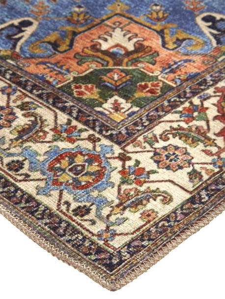 9' X 12' Blue Red And Ivory Floral Area Rug