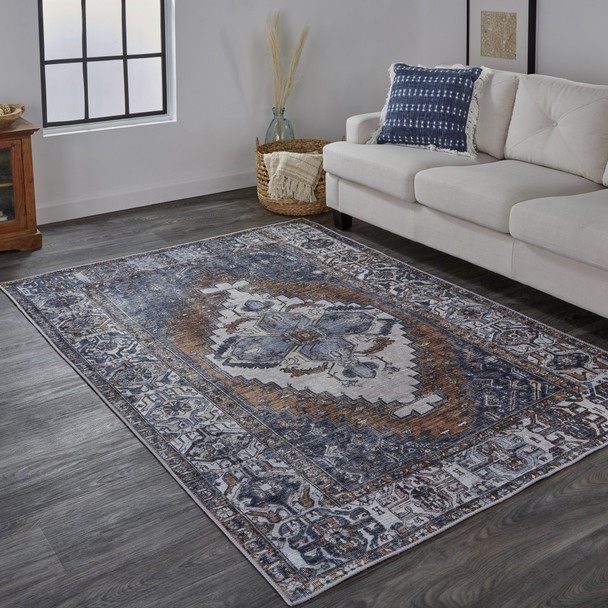 4' X 6' Blue Ivory And Brown Floral Area Rug