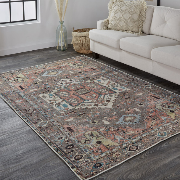 8' X 10' Taupe Red And Brown Floral Area Rug