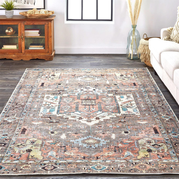 9' X 12' Taupe Red And Brown Floral Area Rug