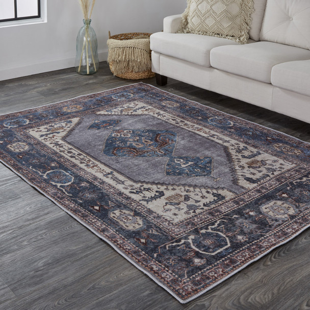 5' X 8' Blue Brown And Ivory Floral Area Rug