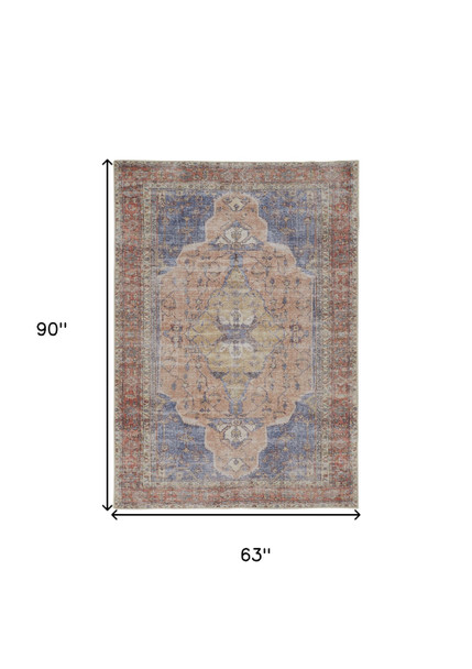 5' X 8' Red Tan And Blue Abstract Area Rug