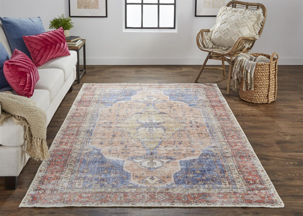 8' X 10' Red Tan And Blue Abstract Area Rug