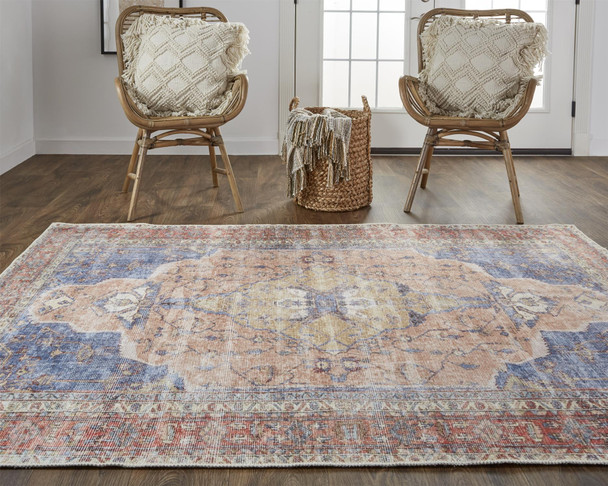 8' X 10' Red Tan And Blue Abstract Area Rug