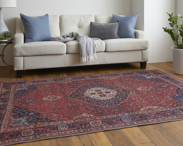 4' X 6' Red Blue And Tan Floral Power Loom Area Rug