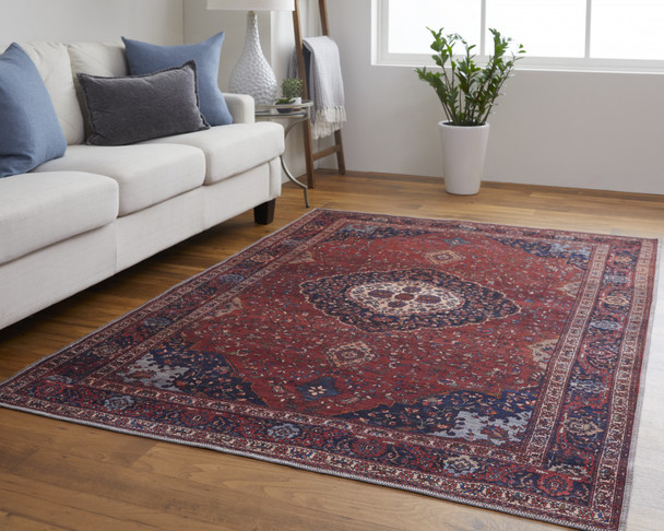 5' X 8' Red Blue And Tan Floral Power Loom Area Rug