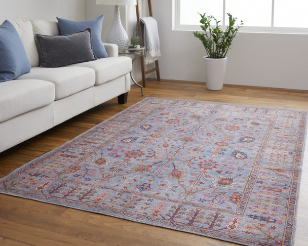9' X 12' Gray Blue And Red Floral Power Loom Area Rug