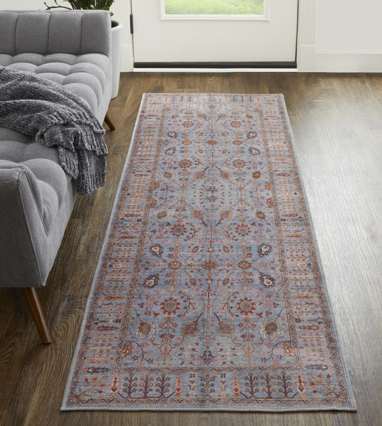 8' Gray Blue And Red Floral Power Loom Runner Rug