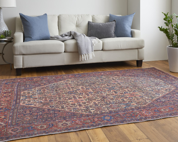 4' X 6' Red Tan And Blue Floral Power Loom Area Rug