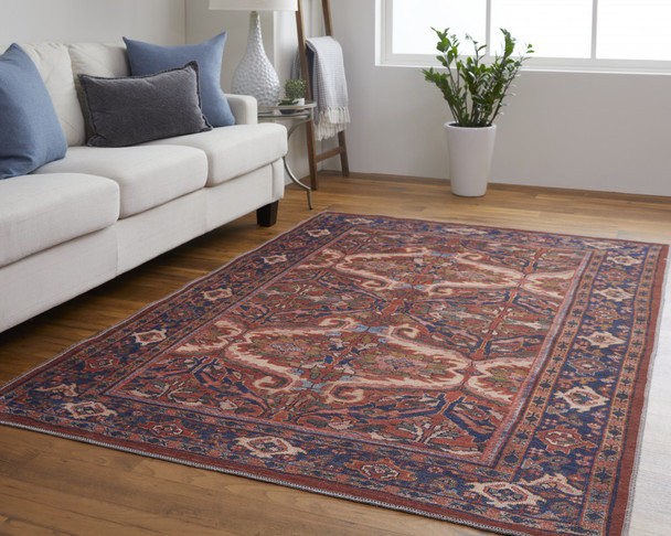 5' X 8' Red Tan And Blue Floral Power Loom Area Rug