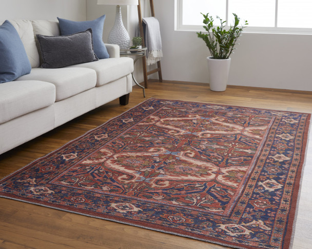 8' X 10' Red Tan And Blue Floral Power Loom Area Rug