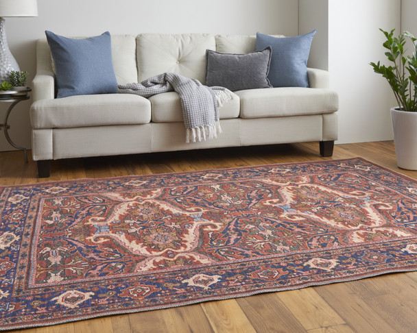 8' X 10' Red Tan And Blue Floral Power Loom Area Rug