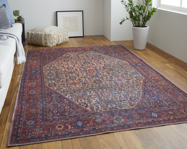 9' X 12' Red Tan And Blue Floral Power Loom Area Rug