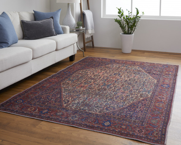 10' X 14' Red Tan And Blue Floral Power Loom Area Rug