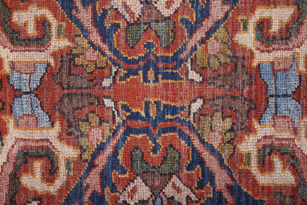 8' Red Tan And Blue Floral Power Loom Runner Rug