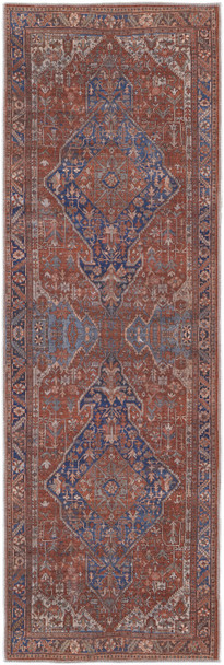 8' Red Tan And Blue Floral Power Loom Runner Rug