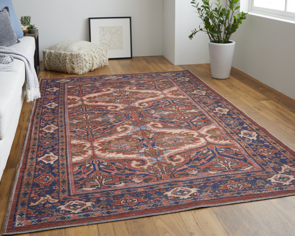 2' X 3' Red Tan And Blue Floral Power Loom Area Rug
