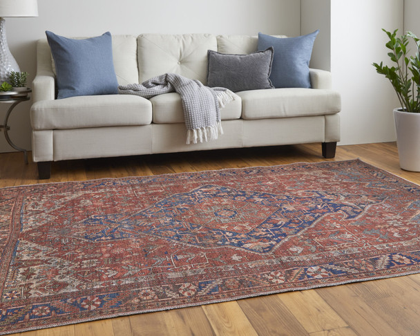 2' X 3' Red Tan And Blue Floral Power Loom Area Rug