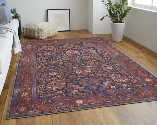 9' X 12' Red Orange And Blue Floral Power Loom Area Rug