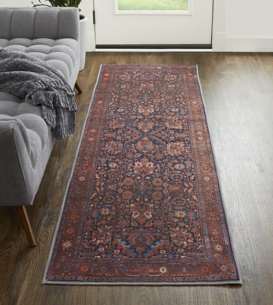 8' Red Orange And Blue Floral Power Loom Runner Rug