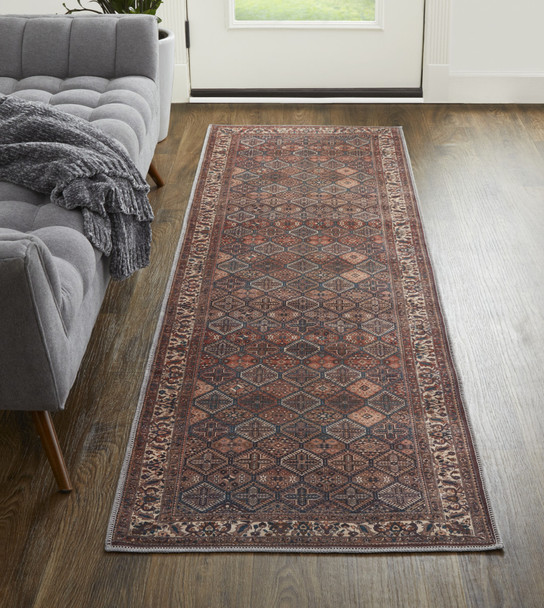 8' Brown Red And Ivory Floral Power Loom Runner Rug