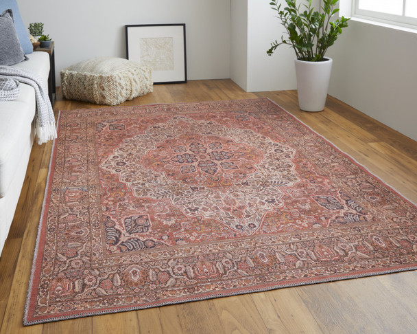 9' X 12' Red Tan And Pink Floral Power Loom Area Rug