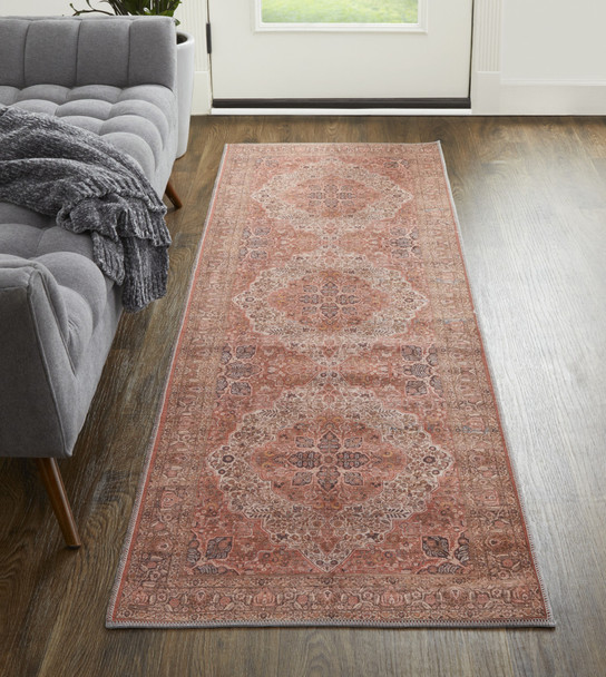 8' Red Tan And Pink Floral Power Loom Runner Rug